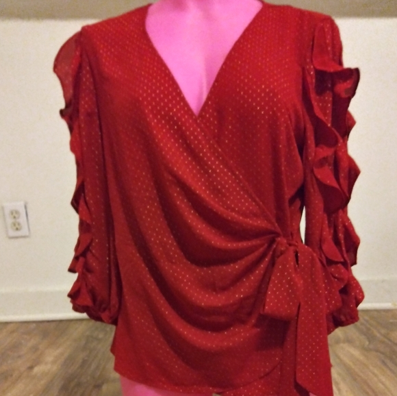 Vintage NWT NY & Company Wrap Around Blouse Dark Red with tiny gold polk… - Picture 1 of 14